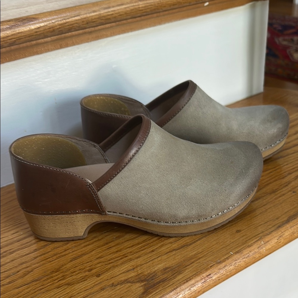 Taupe and Brown Dansko Clogs, 37